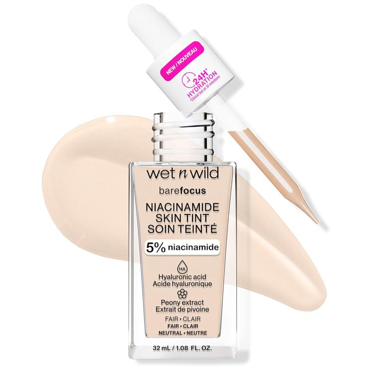 Wet n Wild Bare Focus Niacinamide Skin Tint, lightweight foundation with buildable formula, enriched with hyaluronic acid and vitamin E for a radiant look, fair