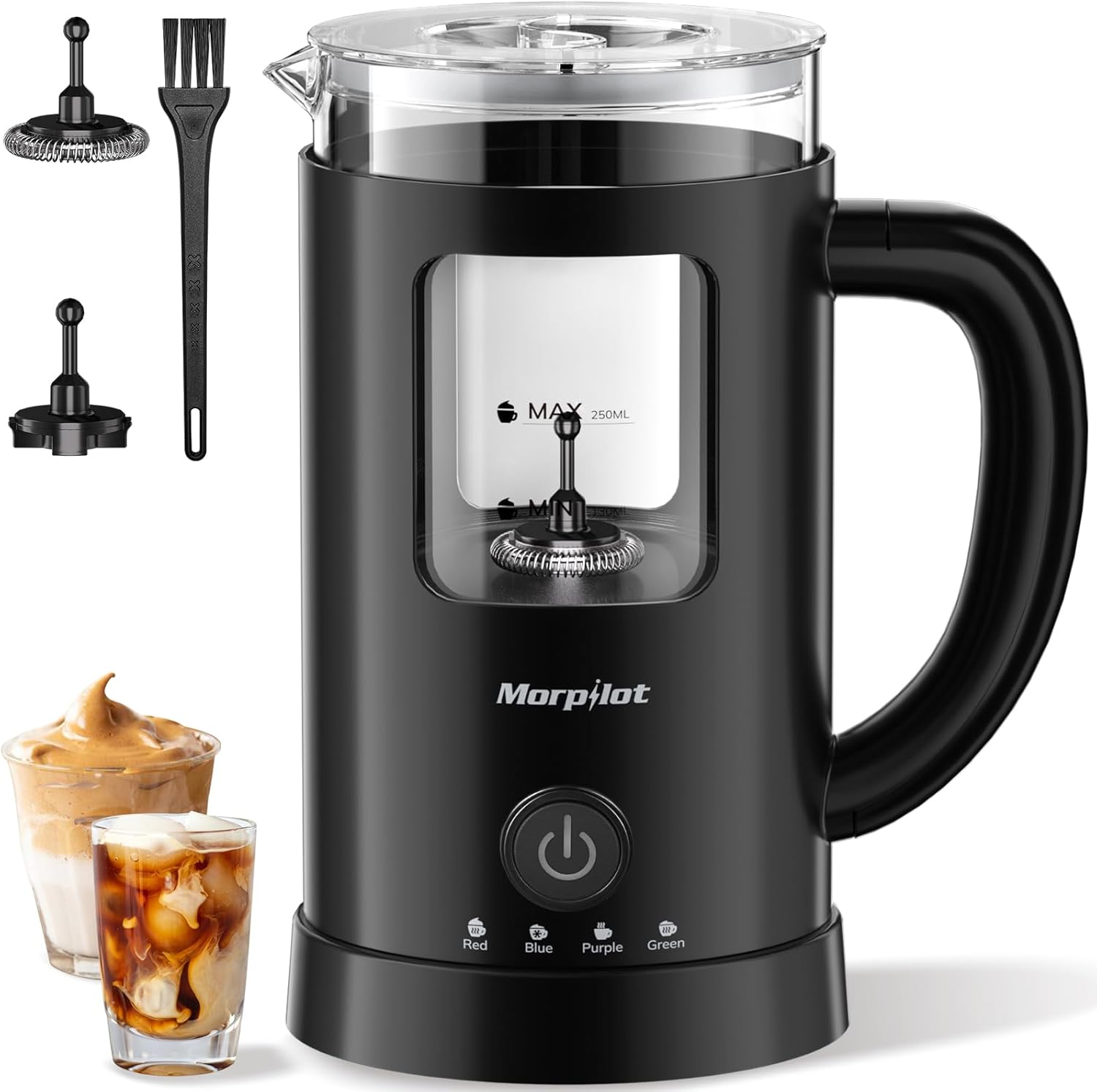 Morpilot Electric Milk Frother, 4-in-1 Milk Frother for Hot and Cold, 550 W 600 ml, Latte Design, Visual Glass, Easy to Clean, Black