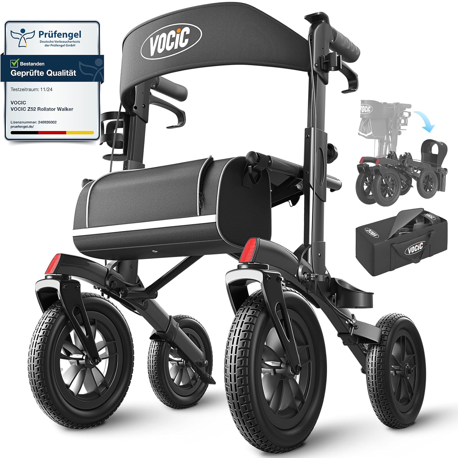 VOCIC Foldable and Lightweight Rollator with Seat, Outdoor Rollator with Rubber Non-Pneumatic Tires for All Terrain, Aluminum Height-Adjustable Rollators for Outdoor & Cross Country Skiing & Travel
