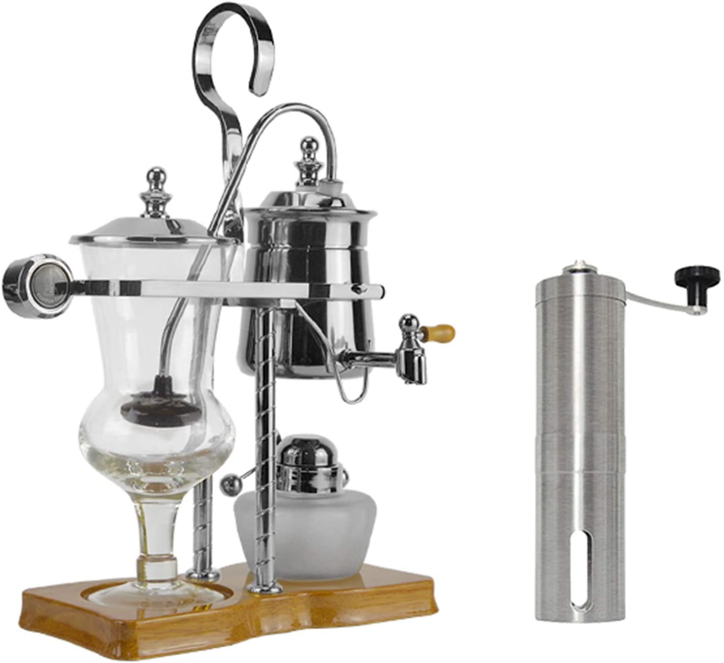 BNMY Vacuum Coffee Machine Siphon Coffee Machine Set Coffee Siphon Household Belgian Jug Royal Coffee Pot with Portable Hand Coffee Grinder Silver