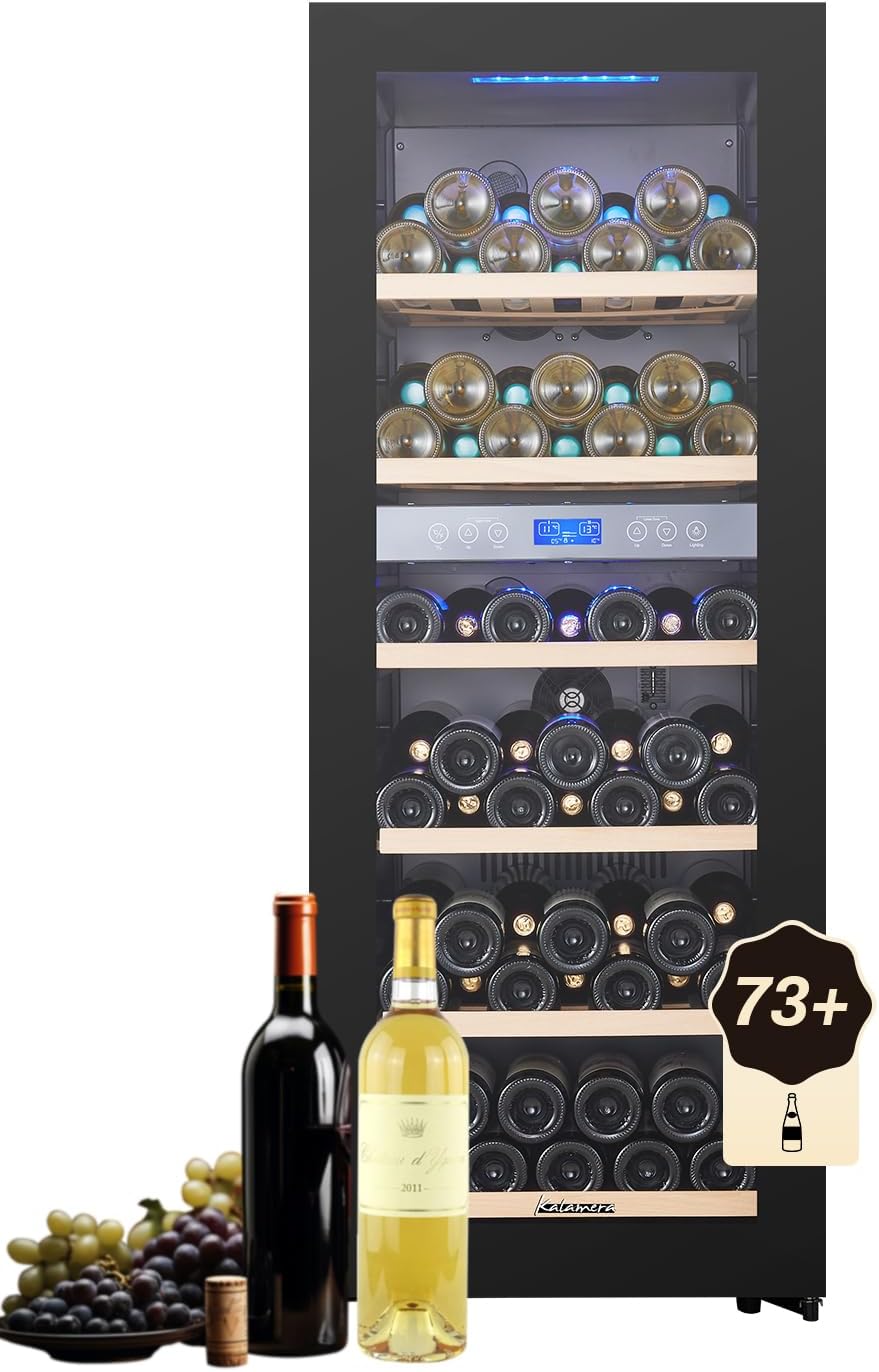 Kalamera KRC-200BFG Wine Refrigerator, 73 Bottles, Multi-Temperature Wine Refrigerator, Two Temperature Zones 5-10°C / 10-18°C, 200 Litres, Black