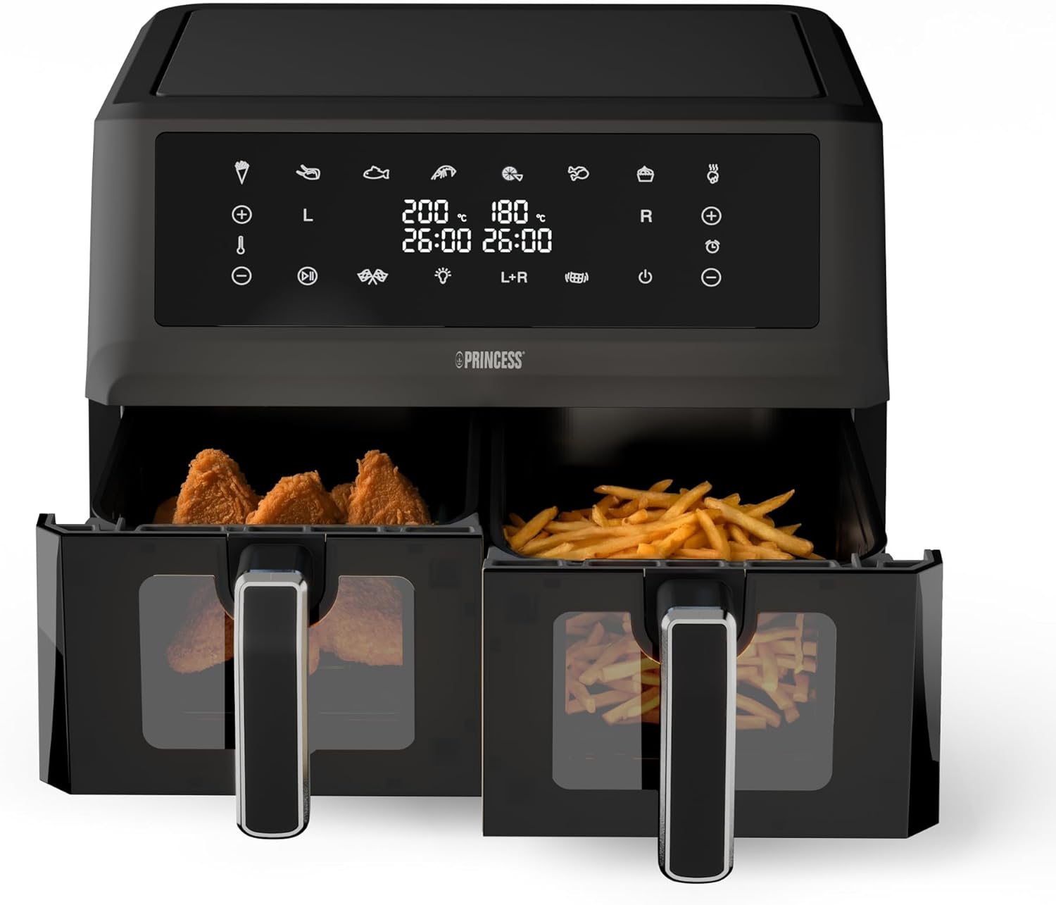 Princess Air Fryer with Double Basket - 2 Compartments - BPA and PFAS Free - 11 L - Sync Function - 8 Programs - Viewing Window - 2400 W - 182276