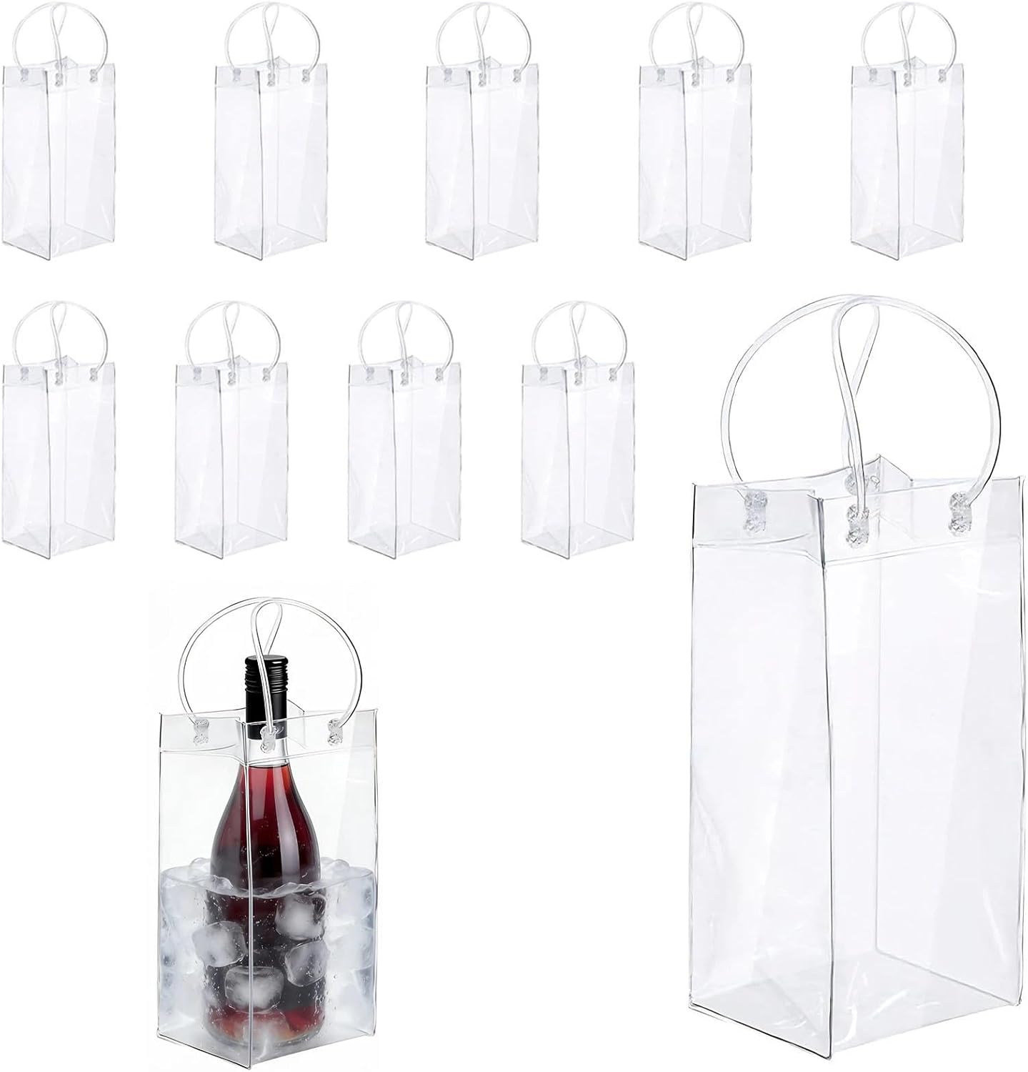 10-Piece Transparent Bottle Cooler Set - Wine Cooler Ice Bag - Ice Bag for Wine, Sparkling Wine, Beer, Champagne - PVC Ice Bags with Handle for Parties - Outdoor & Camping (10x25x10)