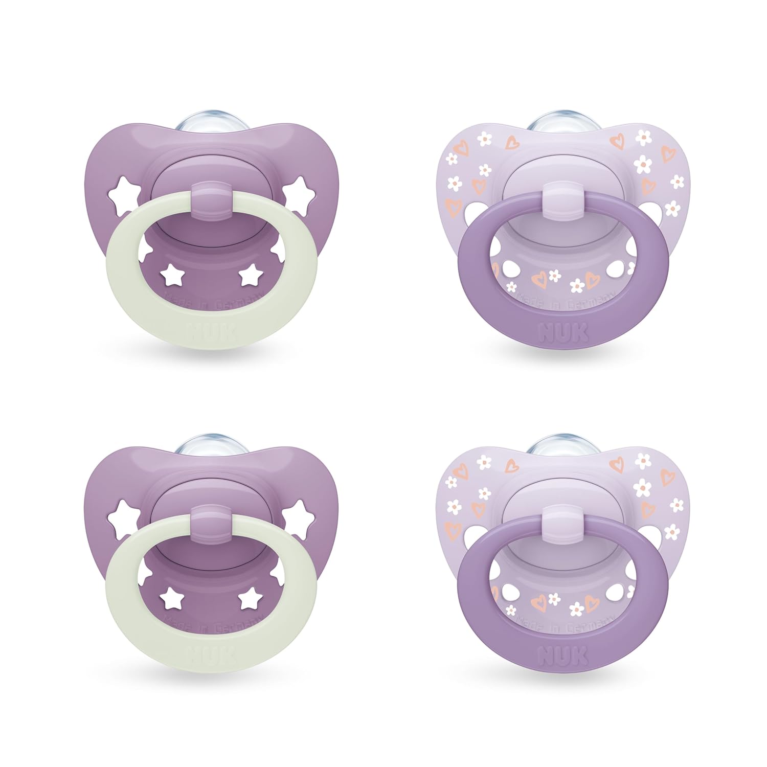 NUK First Choice Classic Day & Night Baby Dummies | 0-6 Months | Glow in the Dark Orthodontic Dummies | 95% Acceptance in Babies** | Purple | Pack of 4