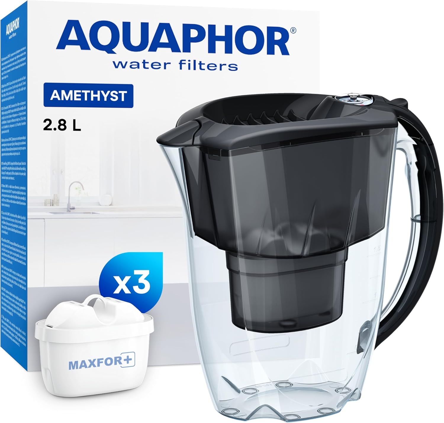 AQUAPHOR Store Aquaphor Amethyst Filter Jug - Drinking Water Jug with 3 Original Cartridges Maxfor Plus, Colour: Black