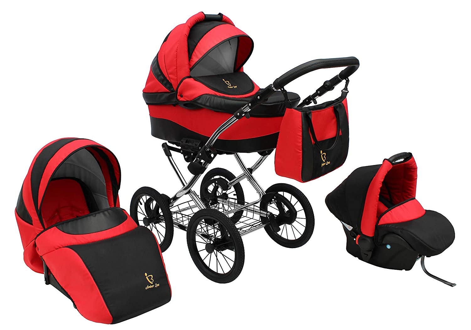 SKYLINE Classic Retro Style Combination Pram Buggy 3-in-1 Travel System Car Seat (Isofix) (Red / 14 Inch Air Tyres)