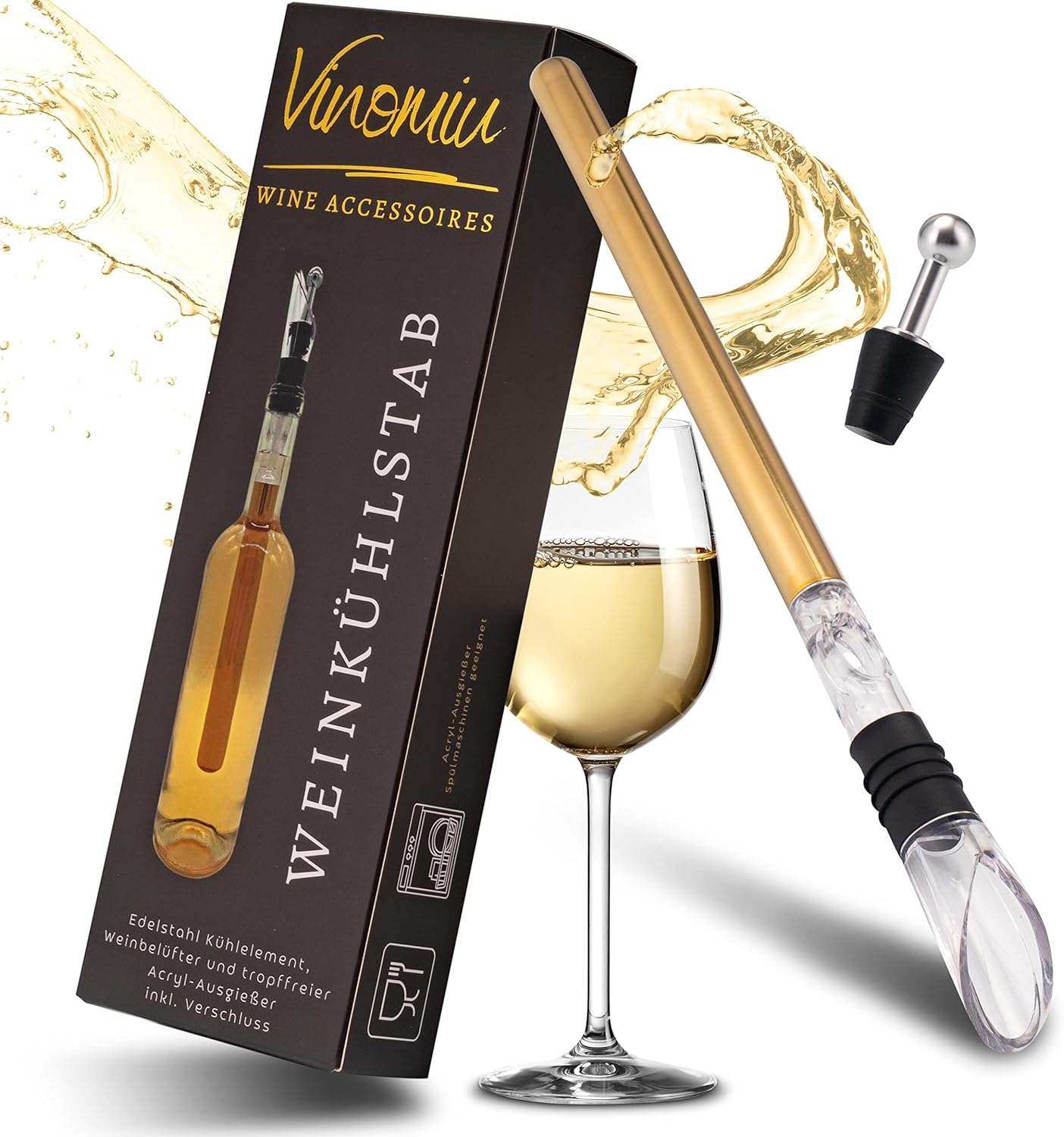 Vinomiu Gold Wine Cooling Stick, Set of 3 Stainless Steel Wine Coolers with Pourer and Stopper, Bottle Cooler Gift Set for Wine Lovers, Wine Accessories for White Wine, Red Wine & Champagne