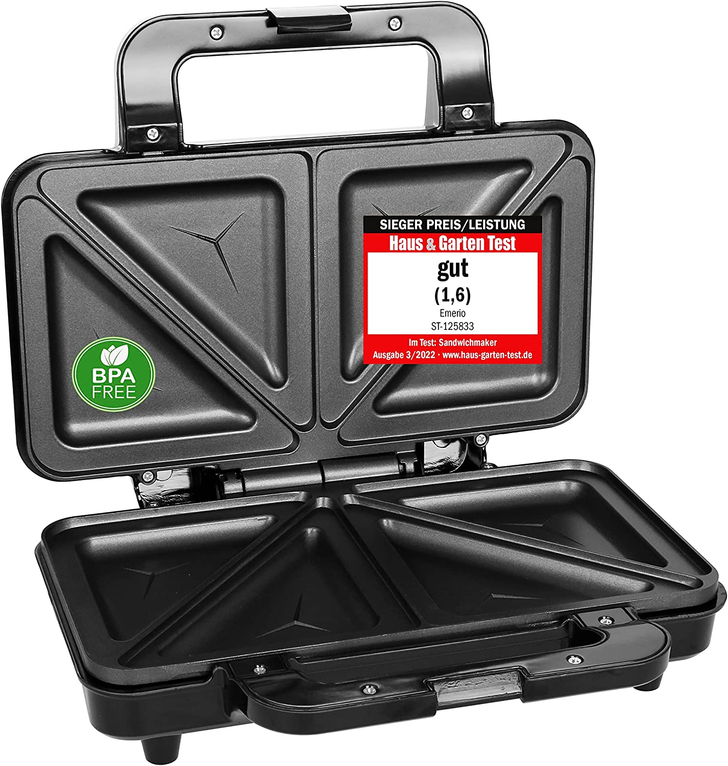 Emerio Double Sandwich Maker, BPA-Free, Classic Shape for Triangular Sandwich, Easy to Clean, non-stick coating, heat up Quickly, Quickly and Easily to a Delicious Snack, 900 WATTS