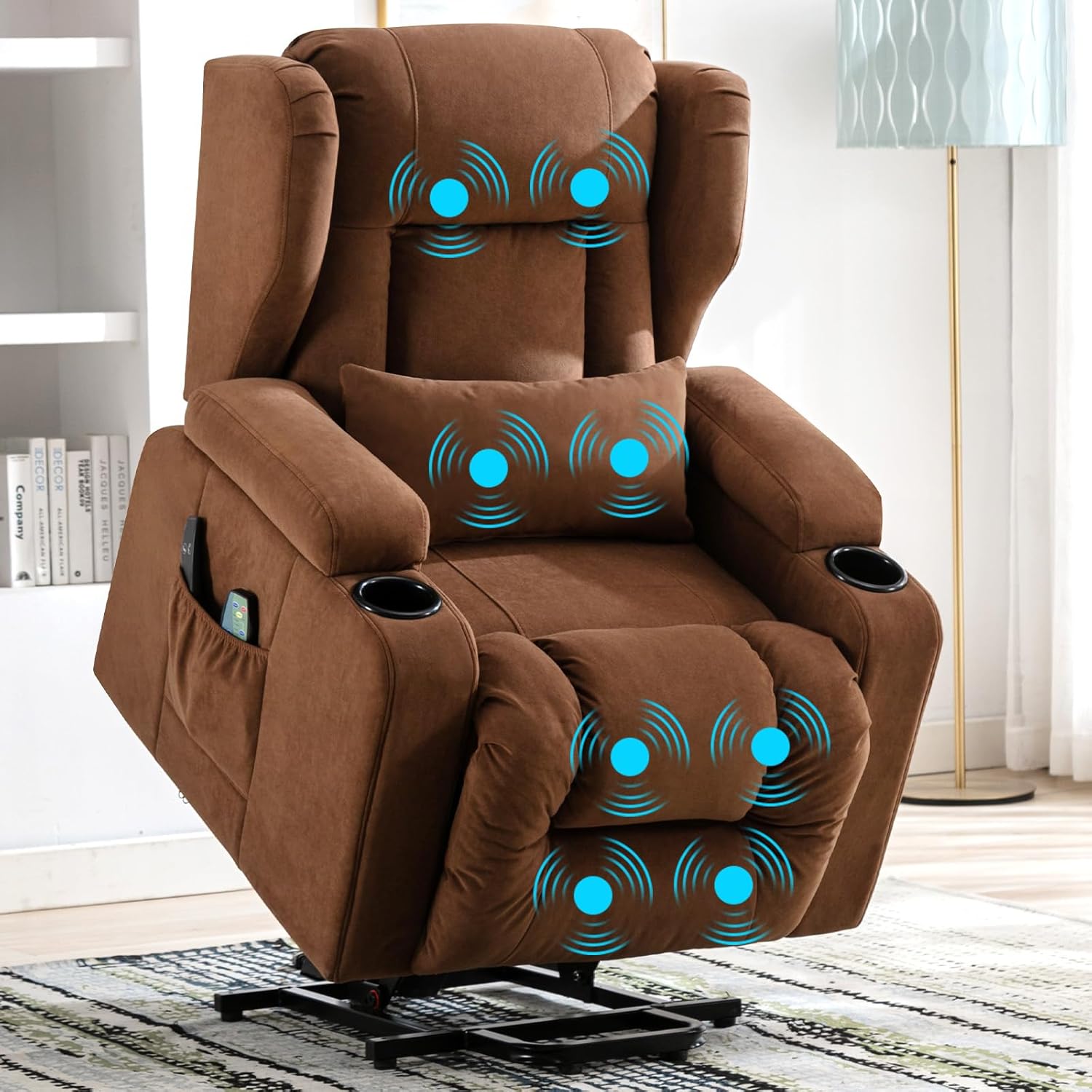 COMHOMA Store COMHOMA Electric Recliner Chair Living Room Massage TV Tilt Vibration Stand Adjustable Backrest with Footrest and Cup Holder Brown Fabric