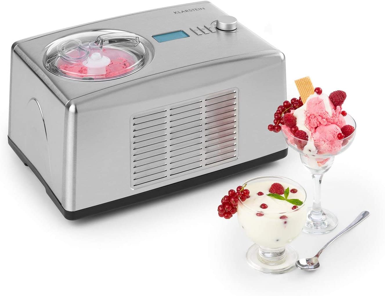 Klarstein Yo & Yummy 2-in-1 Ice Cream Maker & Yoghurt Maker Ice Cream Maker Yoghurt Machine Soft Ice Cream Machine (1.5 Litres, 150 Watt, Timer, Residual Work Time Display, 150 Watt, Stainless Steel) Silver