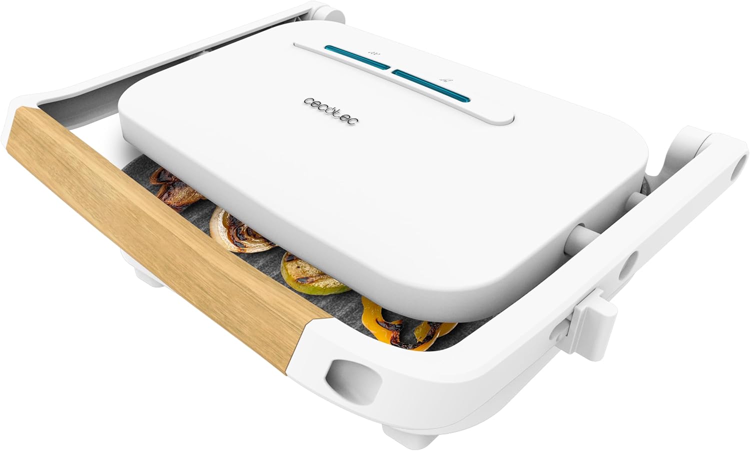 Cecotec Rock\'Ngrill Electric Grill 1300 Wood W. Power of 1300 W, White Design, Rockstone Coating, Non-Slip Base, Floating Plate, Light Indicator, Wooden Handle, Versatility