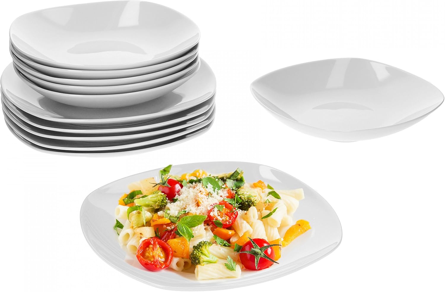 Van Well Lilli Teller Crockery Set for 12 People - 24-Piece Classic Porcelain Set in White - Crockery Plate Set with Square Shape, White for the Perfect Table - Dishwasher Safe