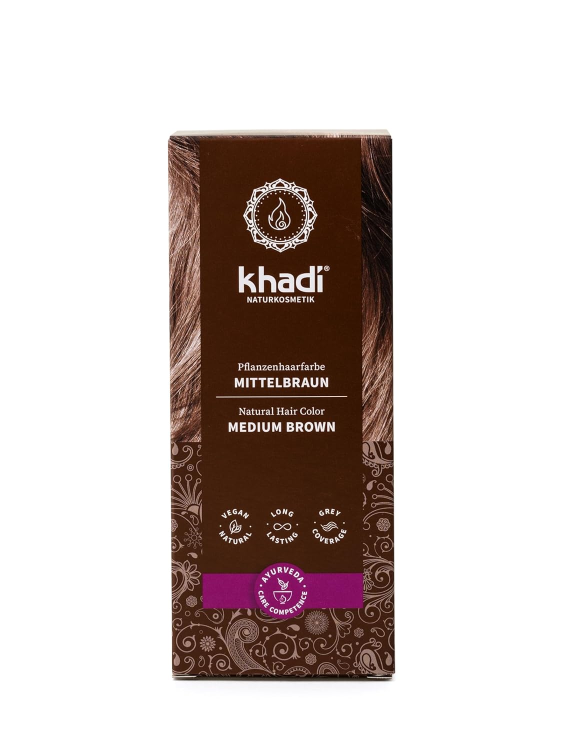 Khadi Medium Brown Plant Hair Color, Hair Color for Vibrant, Warm Cinnamon Brown to Strong, Deep Medium Brown, Natural Hair Color, 100% Plant-Based, Natural and Vegan, Natural Cosmetics, 100 g