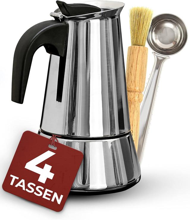 Cosumy Espresso Maker Suitable for Induction Cookers 4 Cups Stainless Steel with Dosing Spoon and Brush Silver