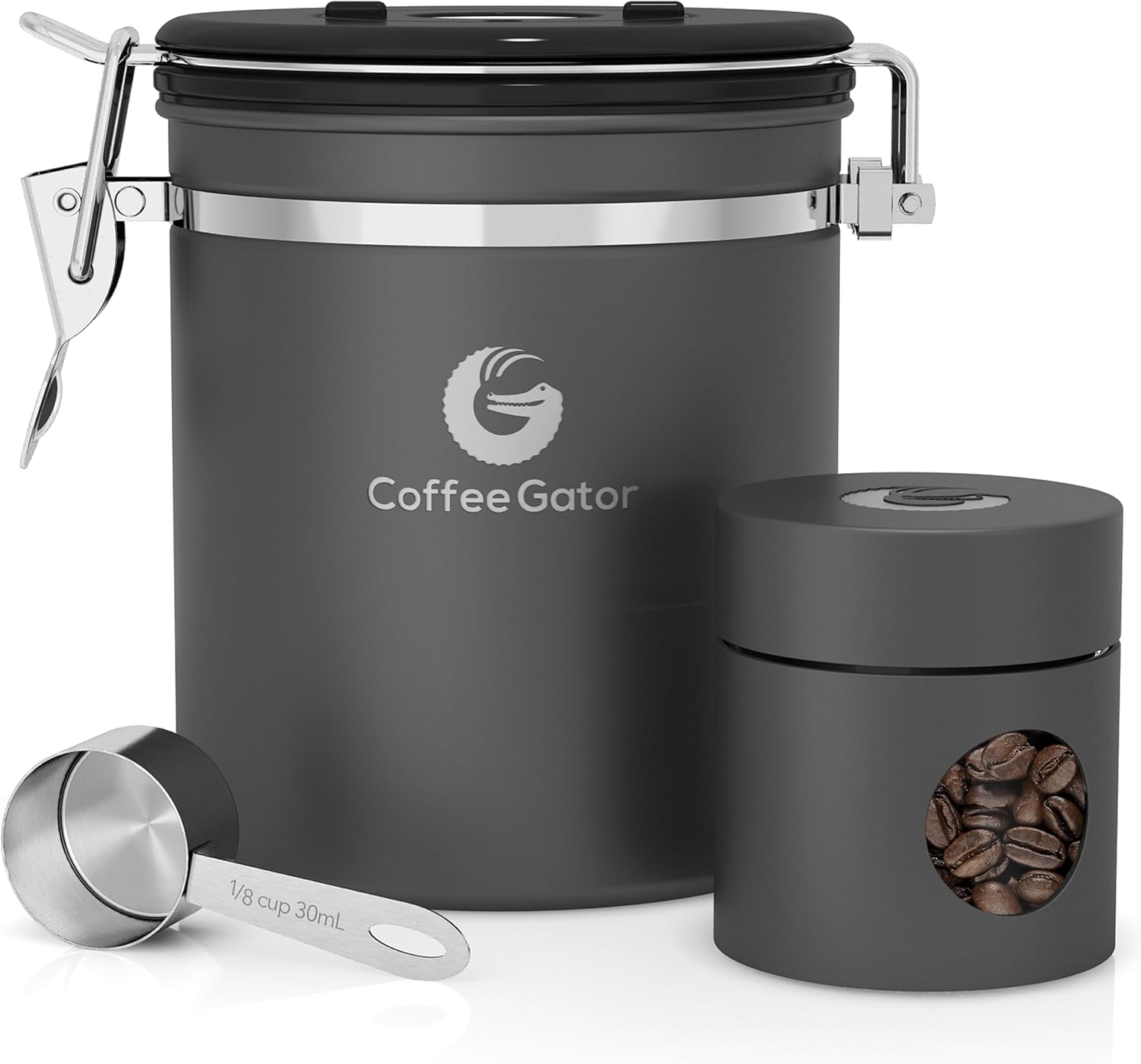 Coffee Gator Coffee Canister Airtight 500 g Coffee Beans, Stainless Steel Kitchen Food Storage Container with Date Tracker, Shovel, CO2 Valve, for Coffee Powder, Nuts, Tea, Sugar, Flour, 1.3 L & 0.3 L