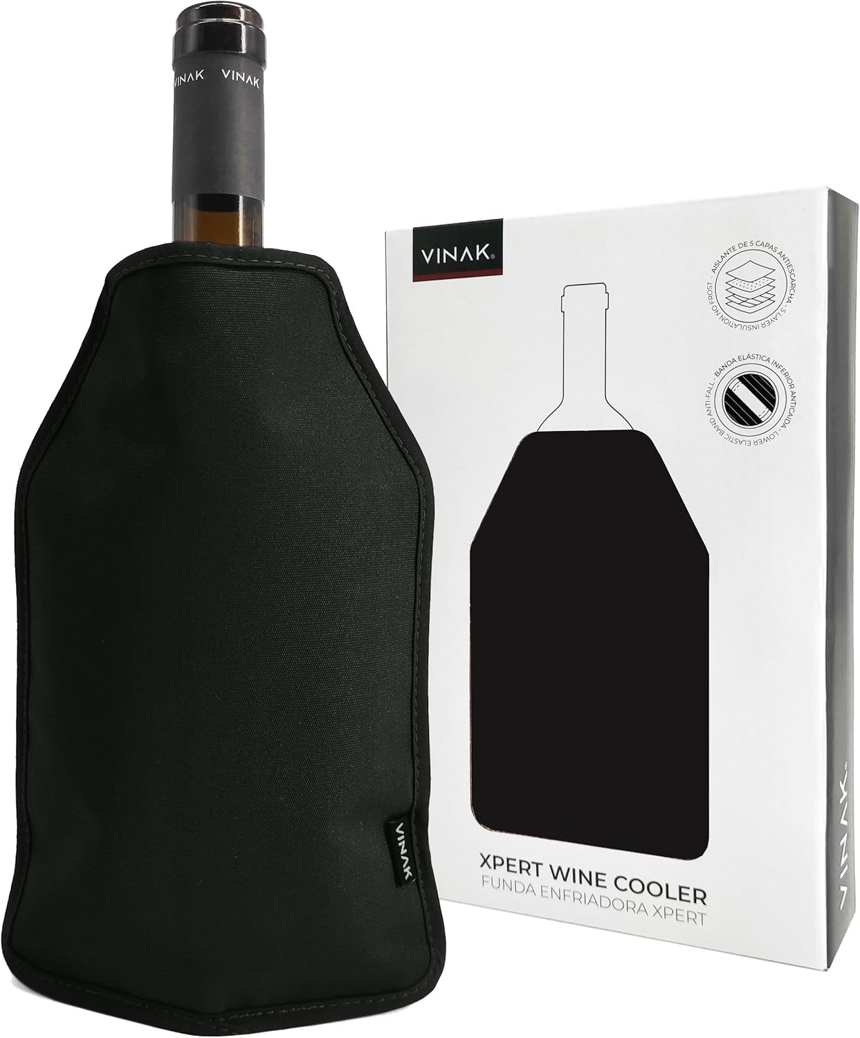 VINAK - Cooling Cover for Wine Bottles XPERT | Wine Cooler with High-Quality No-Frost Gel | Made of 5 Insulation Layers | Anti-Fall Elastic Band on the Bottom (XPERT Black)
