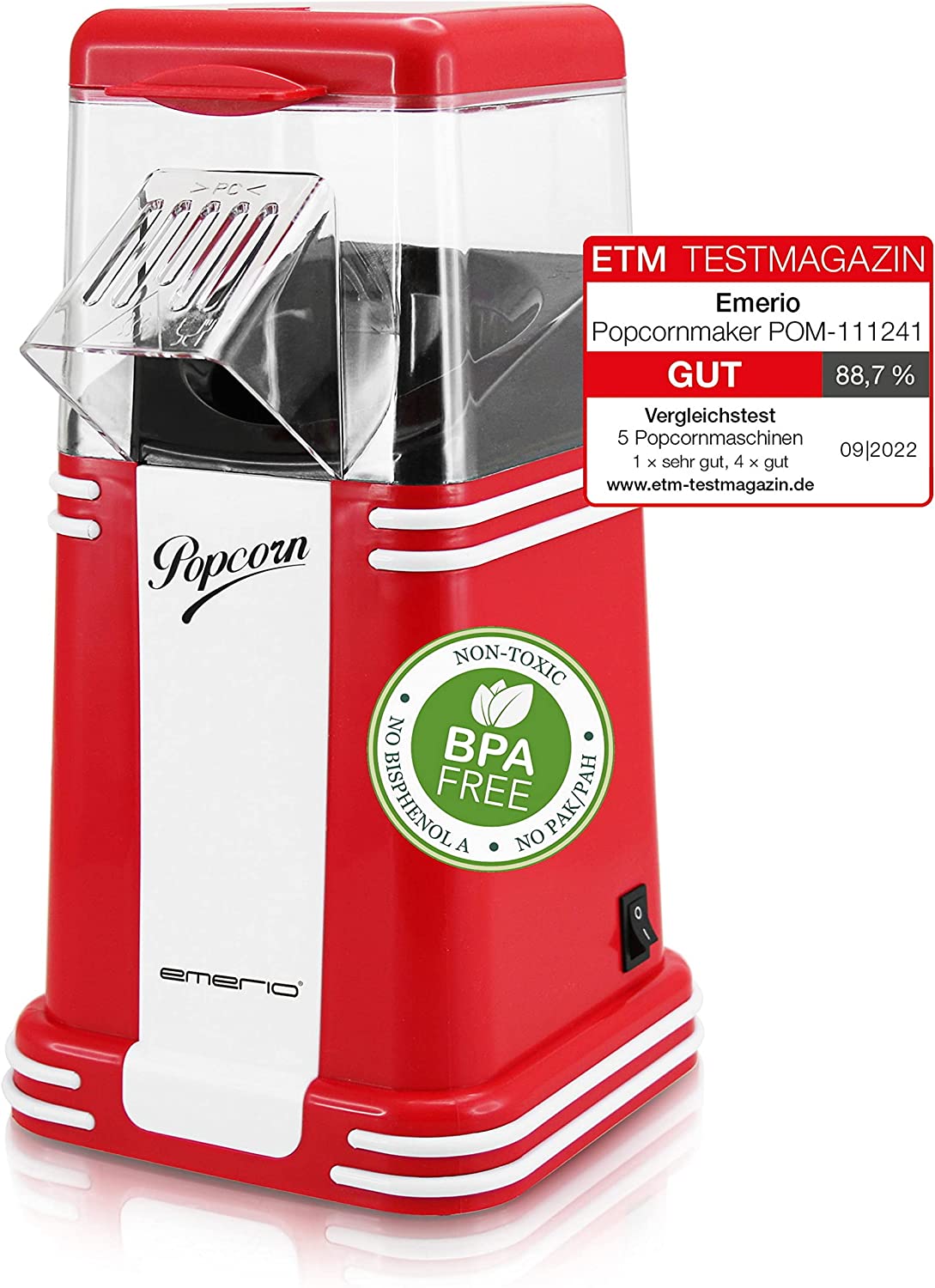 Emerio popcorn machine, popcorn maker, delicious popcorn for home, quick and easy home-made, 60 g corn per bar, 1,200 watt, easy cleaning, hot air technology, bpa free, small