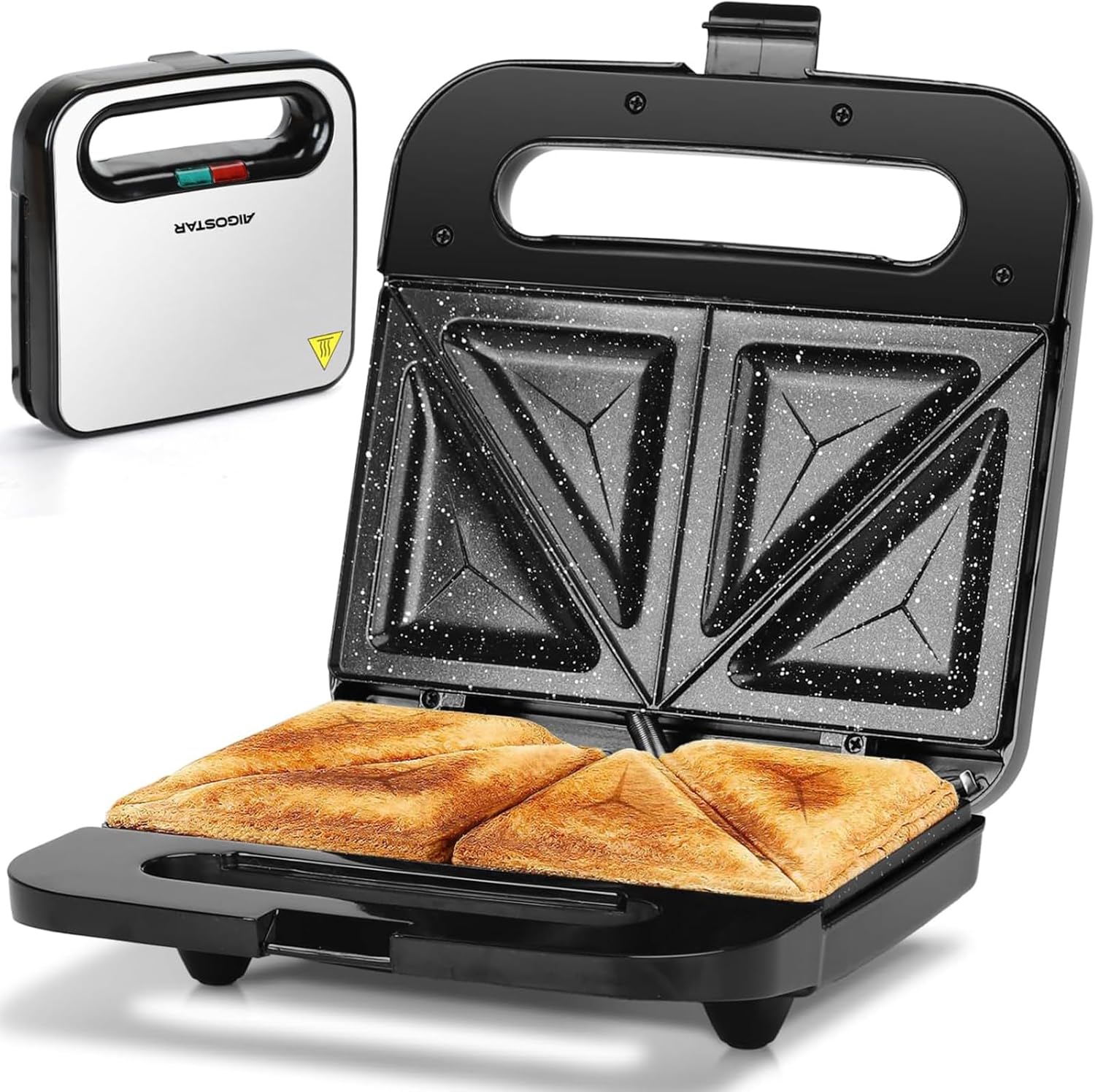 Aigostar Sandwich Maker for 2 Sandwiches, Sandwich Toaster with Non-Stick Ceramic Coating, Automatic Temperature Control 180-200°C, Indicator Lights, Cool Touch Handle, 750W, Stainless Steel/Black