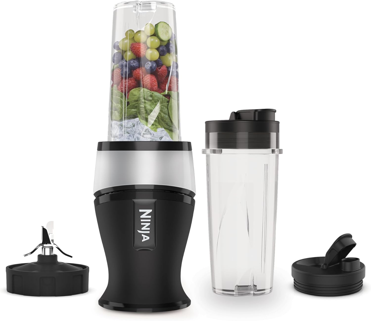 Ninja 700 W Slim Mixer & Smoothie Maker, 2 x 470 ml Cups with Spout Lid, Personal Mixer, Crushes Ice & Frozen Fruit, Silver/Black QB3001UKS