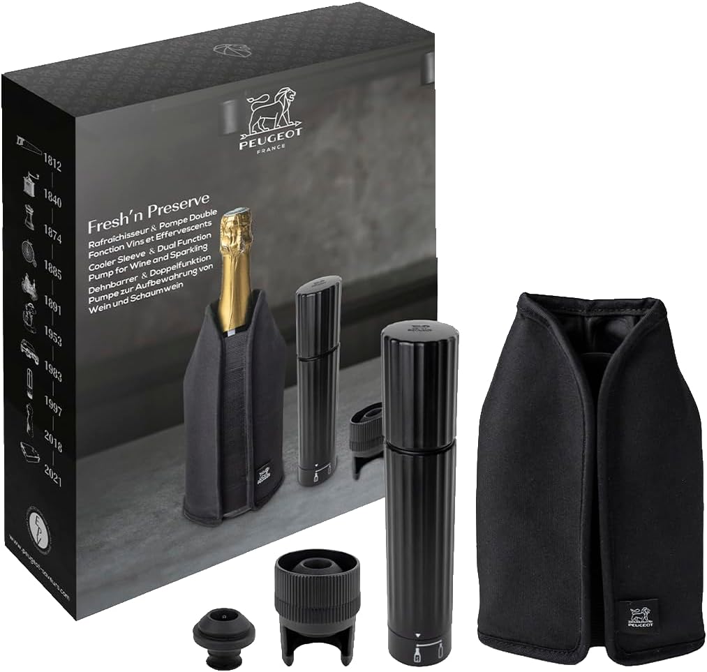 PEUGEOT - Gift Set Manual Vacuum Pump Preserve + Frizz Freshener - Preserve Flavors & Sparkling - Quiet Wine & Fresh Sparkling in 20 Minutes - Gift Idea Enology - Color Black
