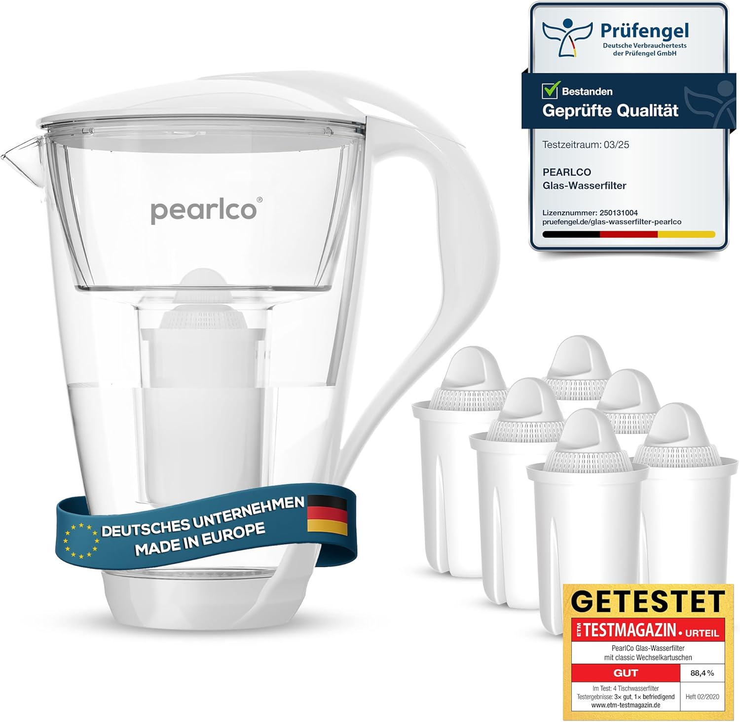 PearlCo Glass Water Filter (White) Glass Jug with 6 Classic Filter Cartridges - Reduces Limescale & Heavy Metal - Protects Devices - Better Taste of Coffee & Tea - Made in EU
