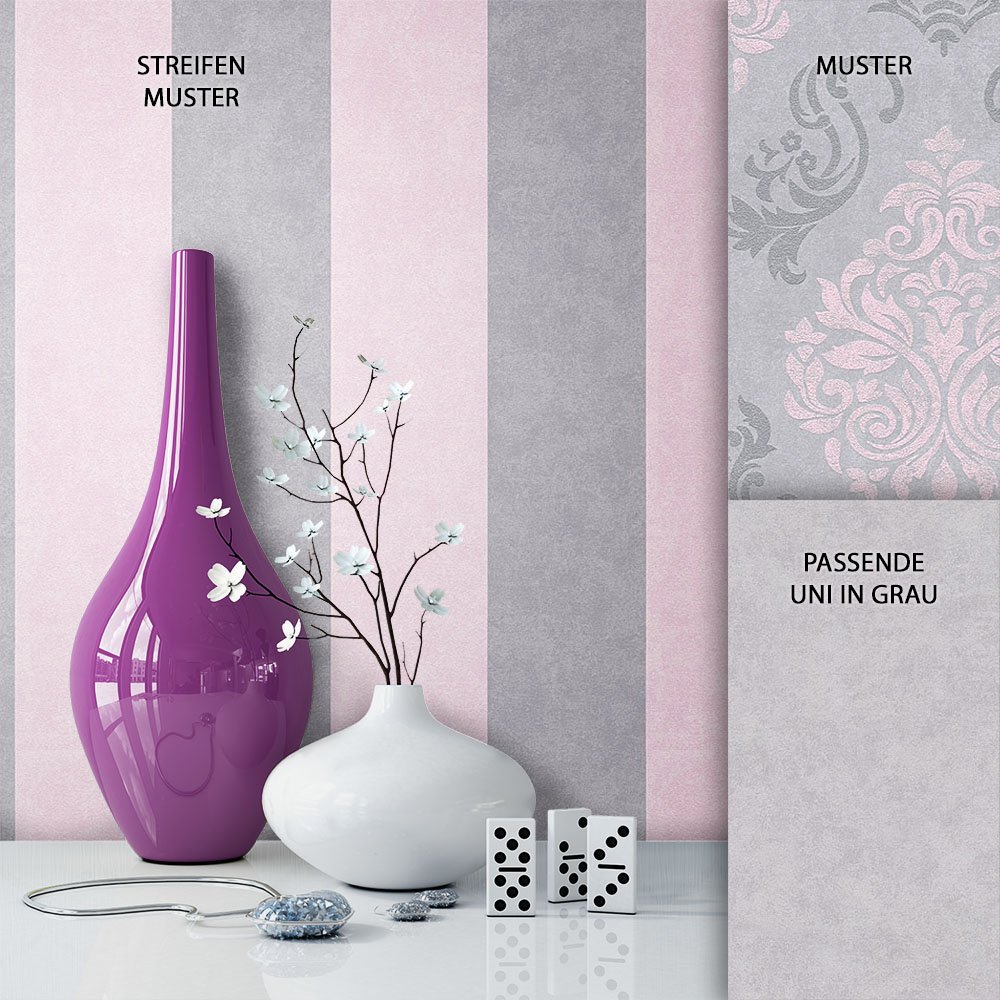 Newroom Design Newroom Baroque Wallpaper Grey Non-Woven Pink Country House Natural Beautif