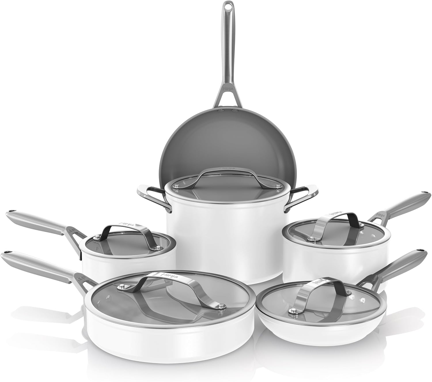 Ninja Ceramic Pro CW39011WH 11-Piece Non-Stick Cookware Set, Pots & Pans Set with Glass Lid, PTFE Free, Ceramic Coated, Oven Safe, All Hob Types & Induction Compatible,