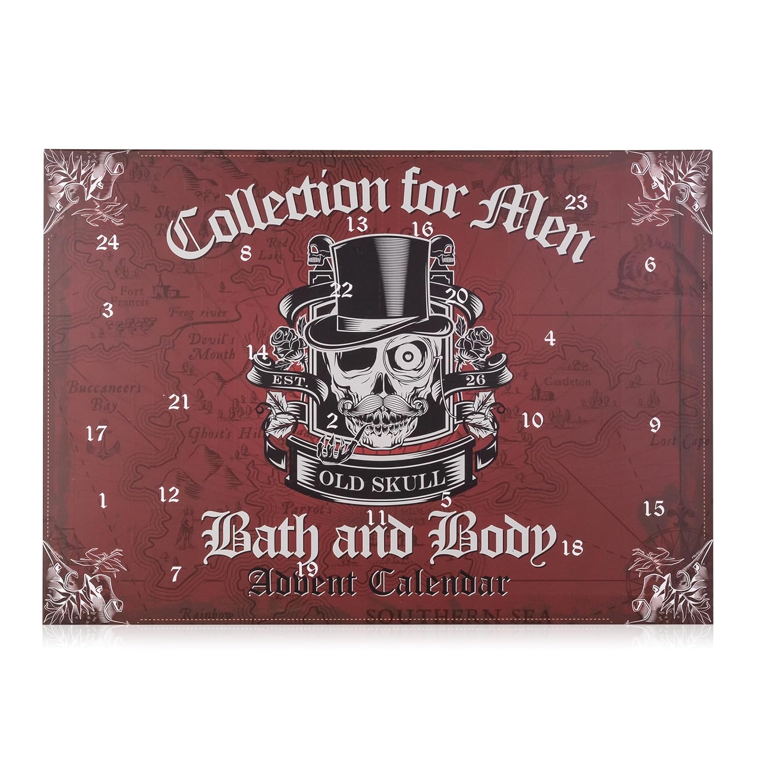 accentra Stylish beauty advent calendar for men in skull design, Christmas calendar with 24 beauty and wellness surprises for men.