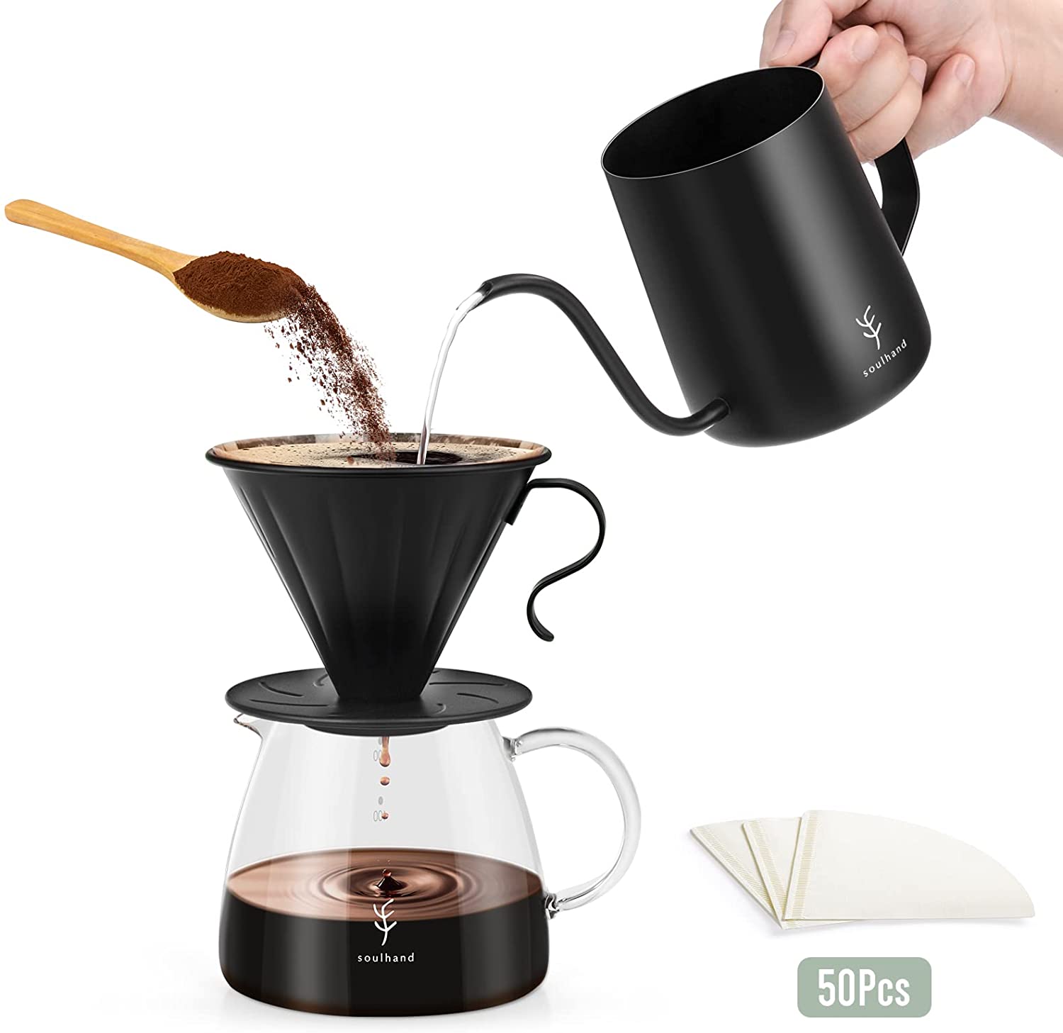 SOUL HAND Soulhand Pour Over Coffee Brewer Set Dripper 2-3 Cups with Black Stainless Steel Filter and Manual Coffee Kettle, with 50 Piece Filter Paper and BPA-Free Glass Drops Sever Brauer 17 oz