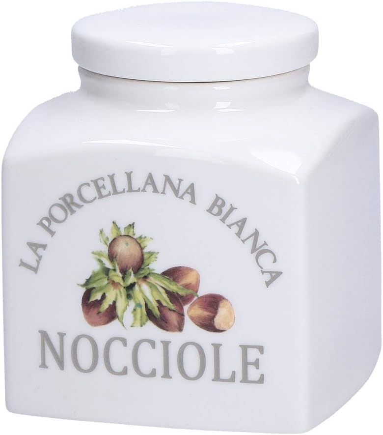 La Porzellan Bianca - Deco Hazelnut Tin in Gift Box - Storage, Tins and Containers - Kitchen Tins - Porcelain - 500 CC; 9.5x9.5x11.5cm