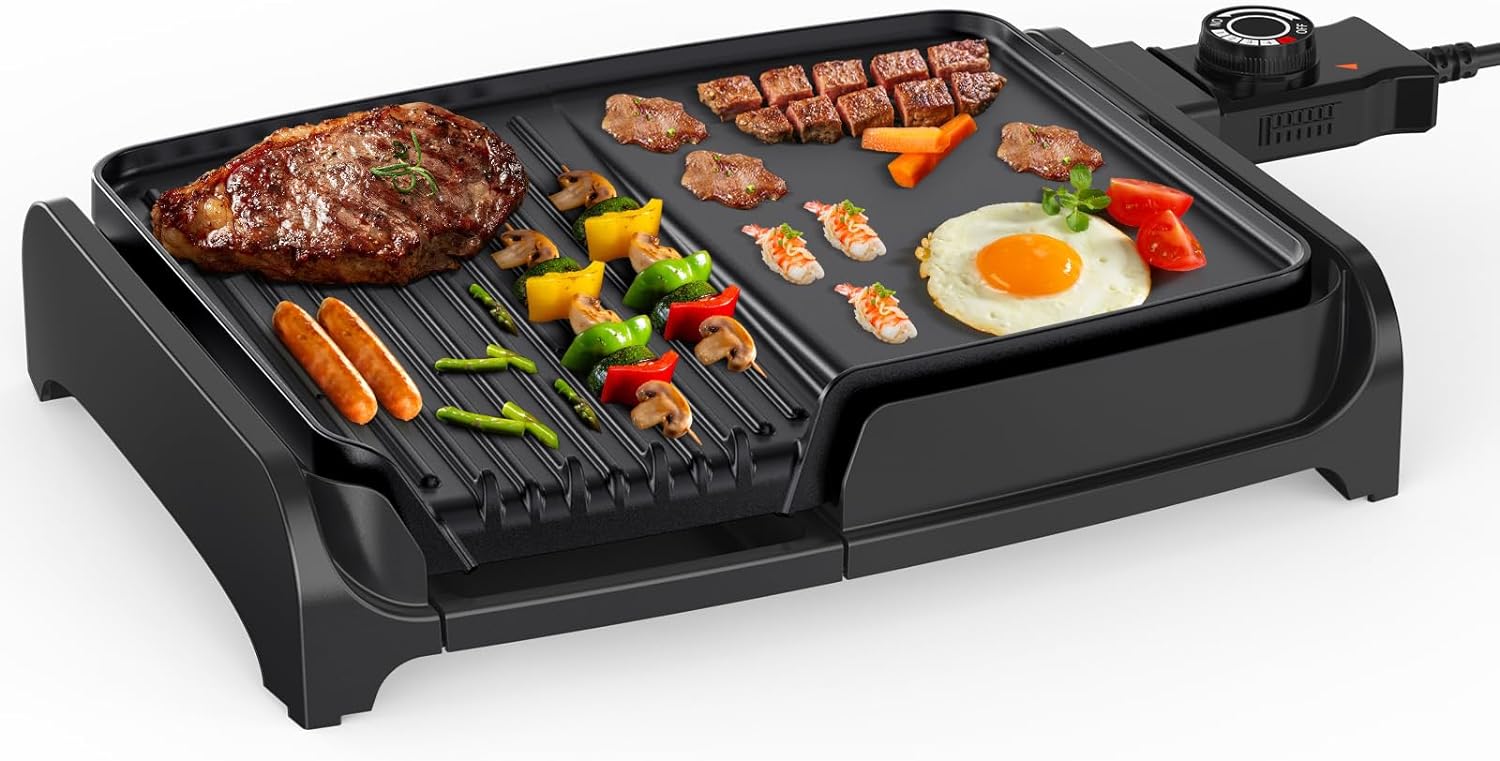 Tiastar Tiatar 2-in-1 Electric Table Grill, 1600 W Electric Grill Plate with Grease Tray, Teppanyaki non-Stick Coating, Adjustable Temperies Electric Grill for Balcony