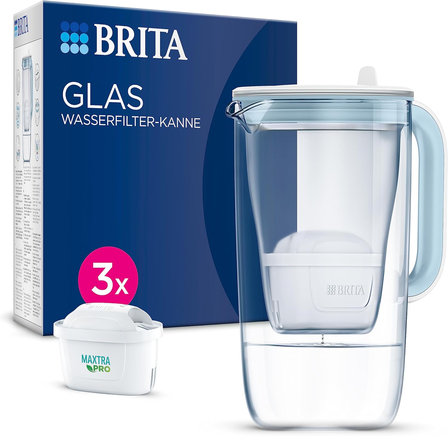 BRITA Glass Water Filter, Premium Jug, Light Blue (2.5 L), Includes 3 x MAXTRA PRO All-in-One Cartridge, Robust and Lightweight/Reduces Limescale, Chlorine, Metals such as Lead and Copper (Packaging
