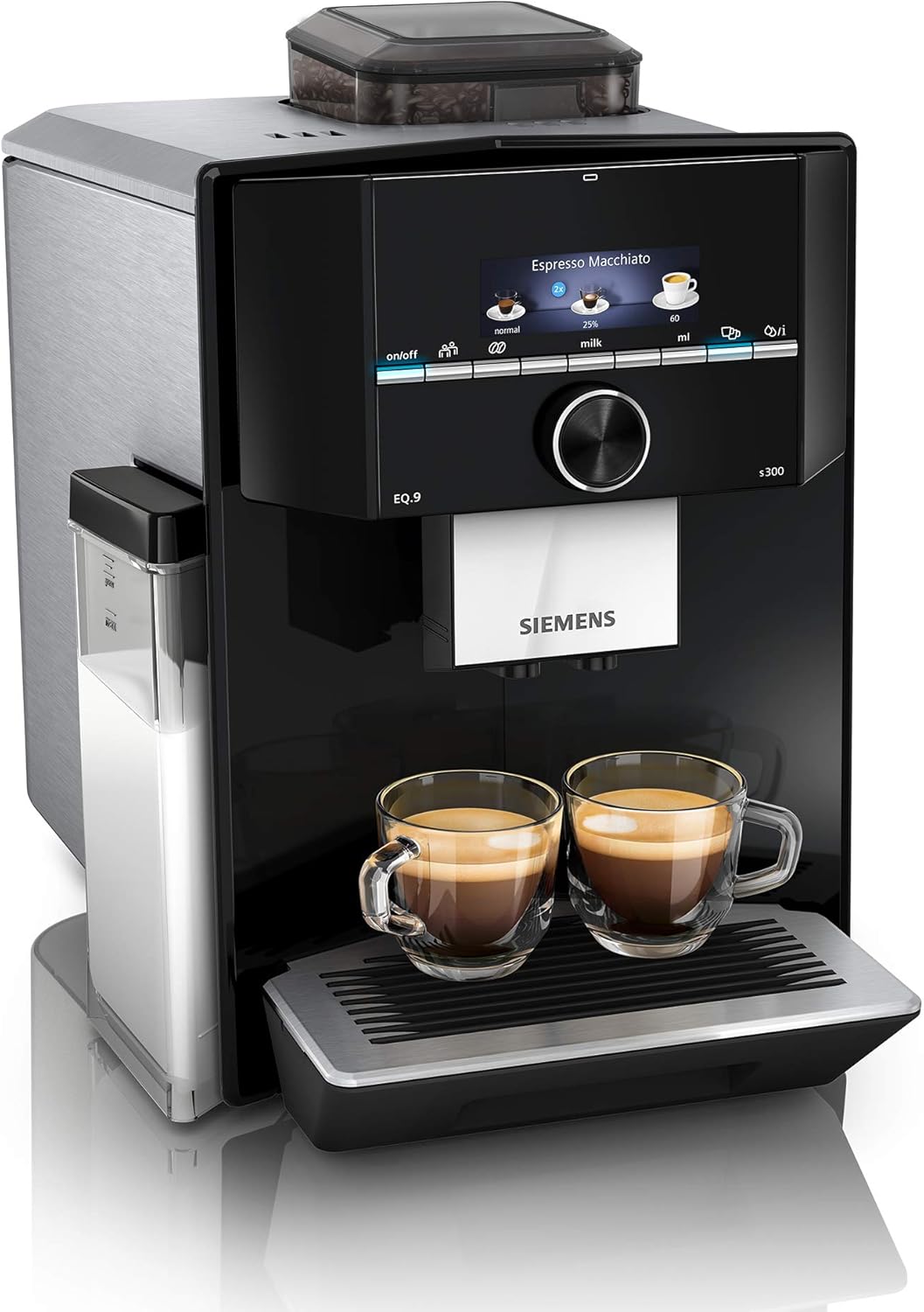Siemens EQ.9 s300 fully automatic coffee machine TI923509DE, automatic cleaning, personalization, extra quiet, 1,500 watts, high-gloss black, stainless steel