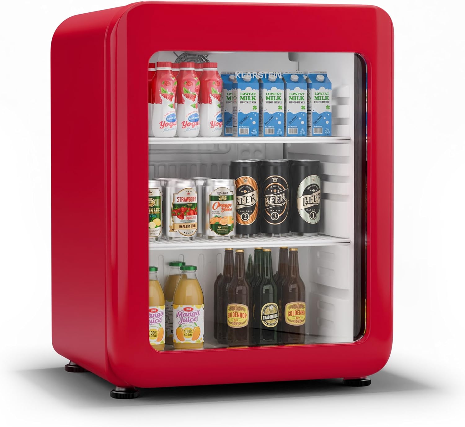 Klarstein Audrey Evo Refrigerator with Glass Door - 68L Retro Design LED Lighting, Double Glazed Door, 0-10°C, Energy Class C, Adjustable Feet, Red