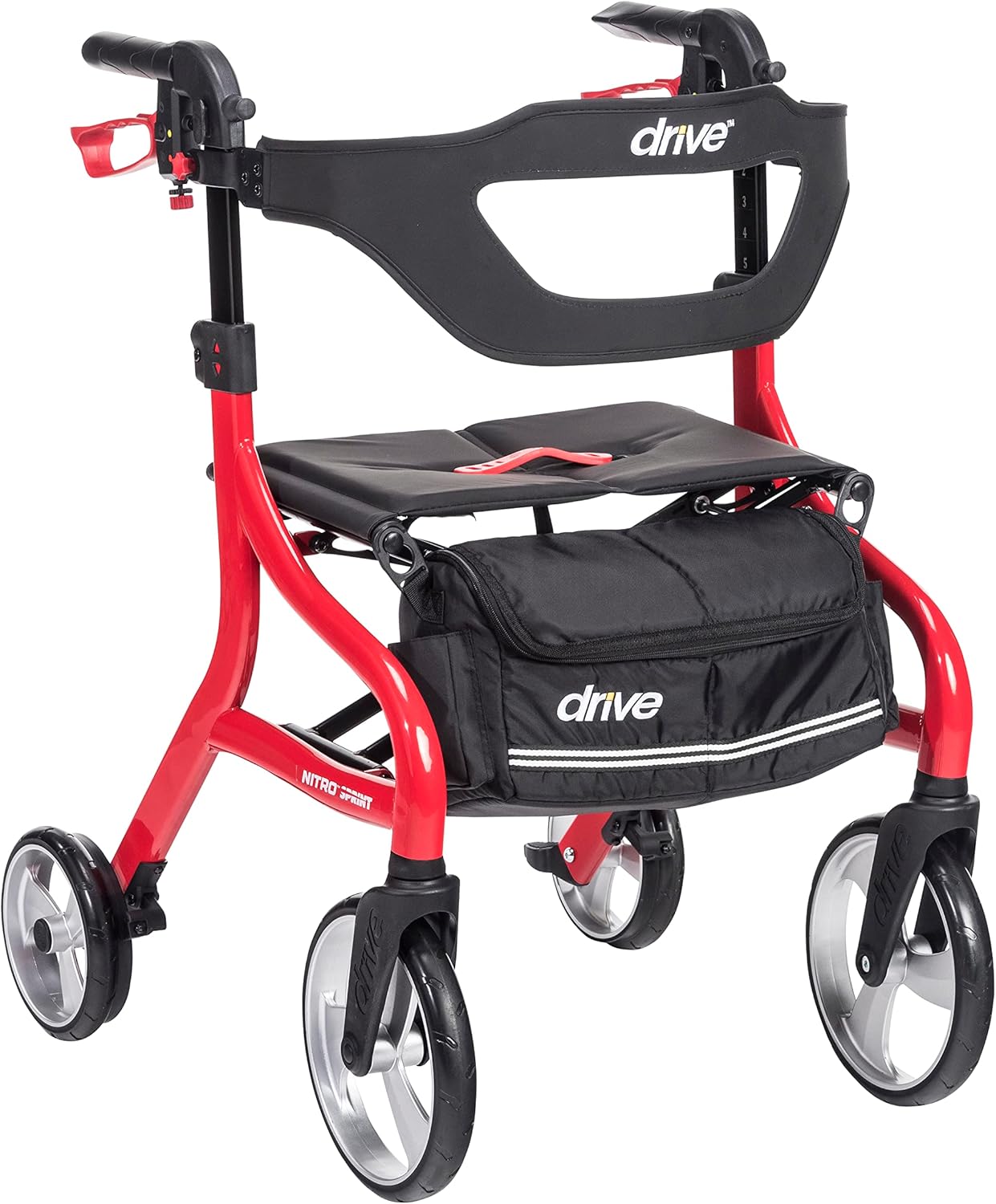 Drive Medical Nitro Sprint Foldable Walker with Seat, Standard Height, Lightweight Rollator with Large Wheels, Folding Rollator with Seat, Red