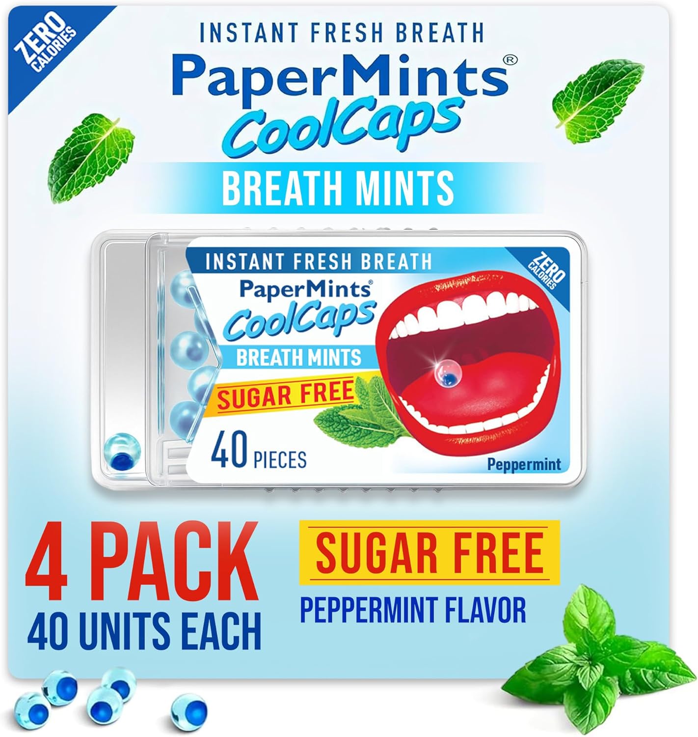 PaperMints CoolCaps - 4 Pack of 40 Sugar Free Mint Beads - For Fresh Breath and Bad Breath - Quick Dry Mouth Relief - Double Action - Total 160 Capsules