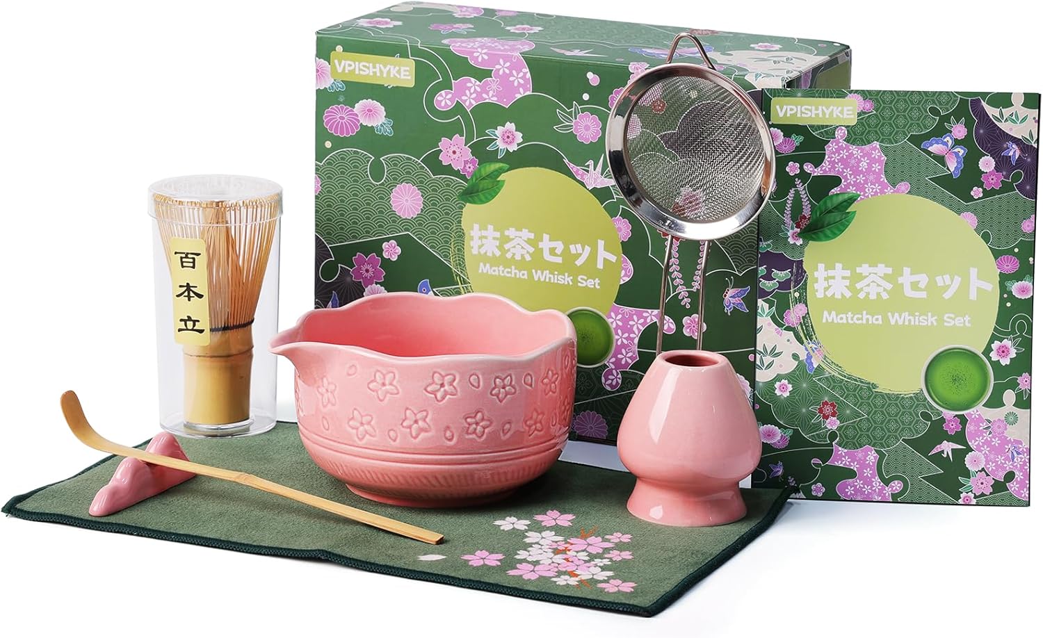 Premium Matcha Set - Matcha Tea Set 7-Piece Traditional Tea Set with Bamboo Whisk, Bowl, Strainer & Accessories - Perfect for Matcha Lovers (Pink)