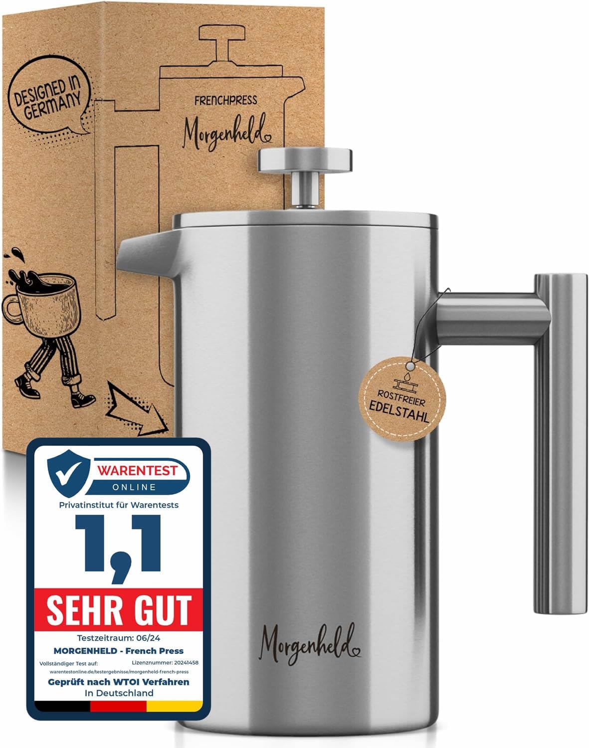 Premium French Press Stainless Steel 1000 ml + 3 Replacement Filter Stamp Jug Insulated Coffee Press 1 Litre Thermal Insulated Coffee Maker Double-Walled Coffee Pot 1000 ml Coffee Press