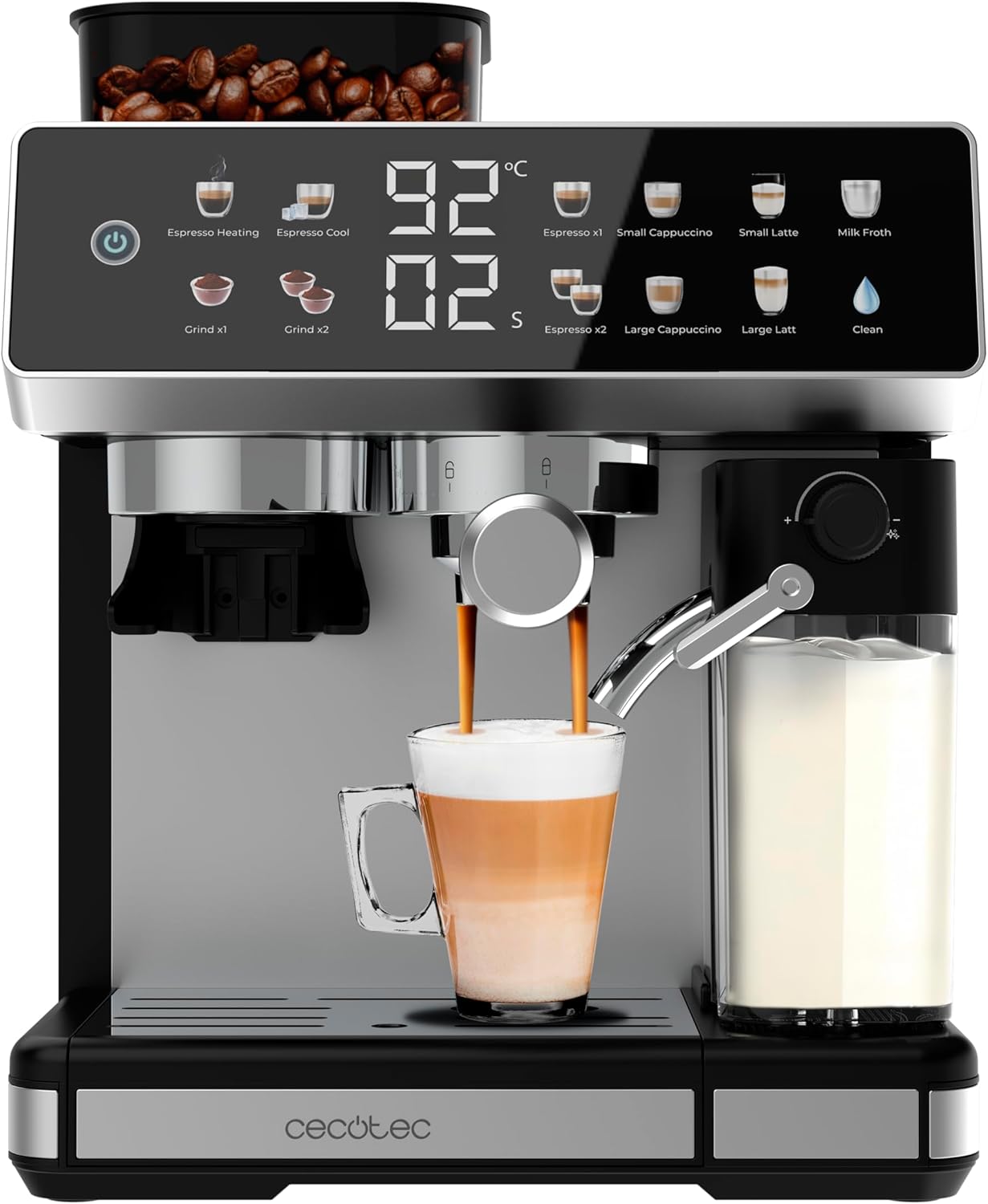 Cecotec Barista Power Espresso 20 Barista Grind & Latte Coffee Maker, 1350W, 20 Bar, Conical Grinder, 2.6L Water Tank, 100g Coffee and 500ml Milk, Touch Screen, Self Cleaning