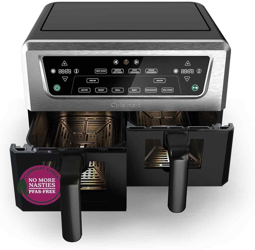 Cuisinart XXL Air Fryer, No PFAS, Cooking Without Chemicals, Airfryer, Roasting, Grilling, Pastries, Dehydration, Max Crisp and Keep Warm, Double Drawers, 2 x 5.2 L