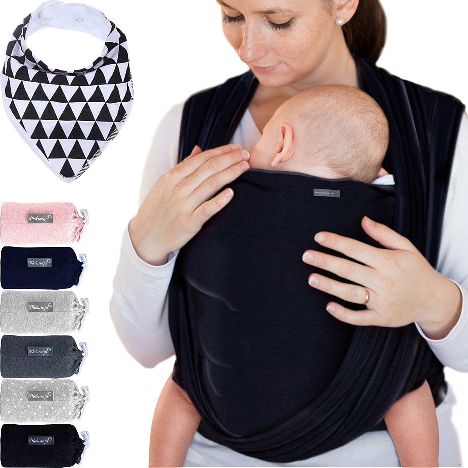 Makimaja 100% Cotton Baby Sling, Dark Grey, High Quality For Newborns and Babies up to 15 kg, Including Free Baby Bib