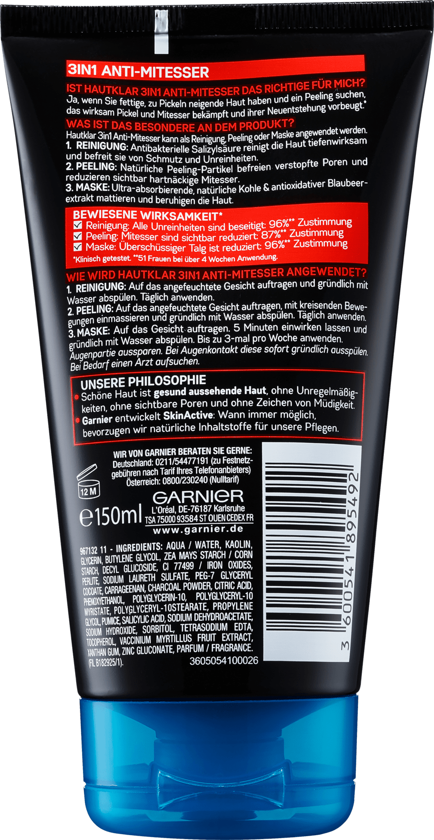 Garnier Hautklar Cleaning + Scrub + Mask Skin Clear 3In1 Anti-Blackhead, 150 Ml