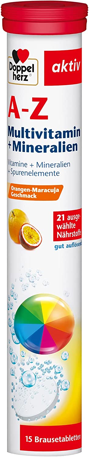 Doppelherz Double heart A -Z EfferVescent Tablets with Orange Maracuja Flavor - Multivitamin Dietary Supplement with many important vitamins, Minerals & Trace Elements, Pack of 15 (1 Pack)