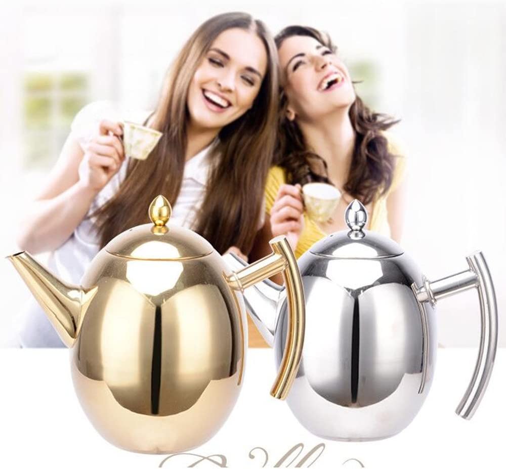 OnePine 1.0 L Tea Pitcher Stainless Steel Teapot with Strainer Insert, Stainless Steel Coffee Pot No Magnet Olive Coffee Pot Teapot with Strainer (Silver)