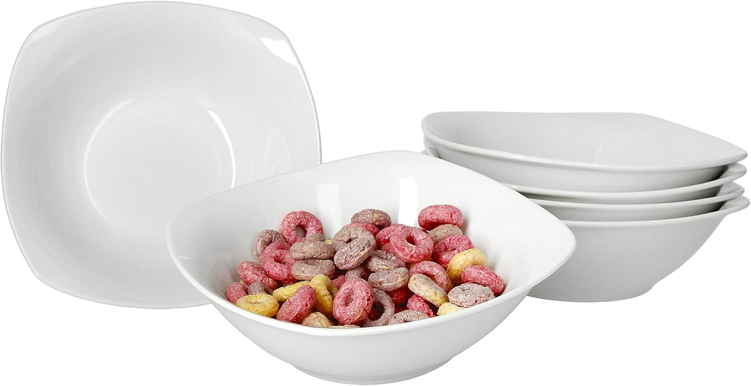 Van Well Lilli Set of 6 Cereal Bowls Porcelain White 200 ml, 142 x 142 mm - Plates with Classic Design for Cereal, Salads or Bowls - Square Shape - for Restaurants, Hotels or Home