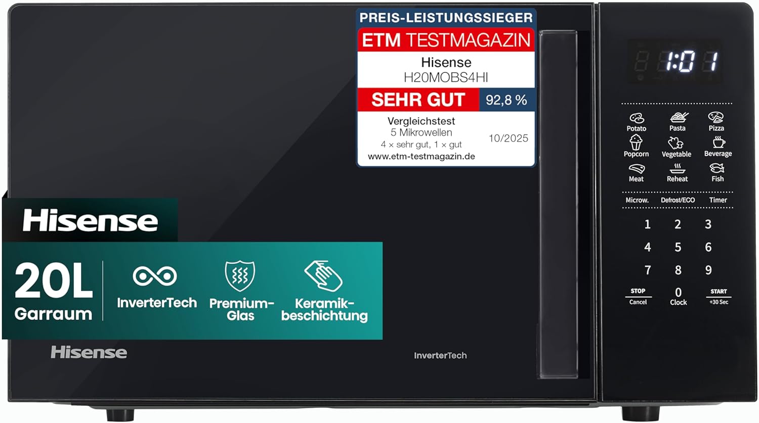 Hisense H20MOBS4HI Microwave / 20 L / 700 W / InverterTech / Ceramic Coating / Tailored / Multiphase Cooking / Defrost Function / Auto Program / Eco Mode / 10 Power Levels / Child Lock / Black