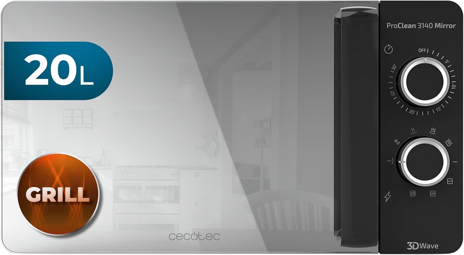 Cecotec ProClean 3140 Mirror - Microwave oven with grill, 20L capacity, Ready2Clean coating, 700W power, 800W grill, 6 power levels, 30-minute timer, defrost function, black