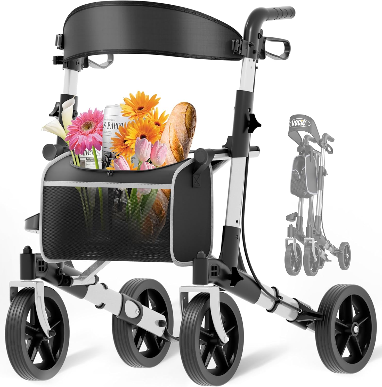 VOCIC Rollator Foldable and Lightweight with Seat, Rollators Slim for Home, Foldable Aluminum Walking Aid for Seniors, Weighs Only 7.8 kg, Buy Walker for All Terrains, 5 Years Support, Silver