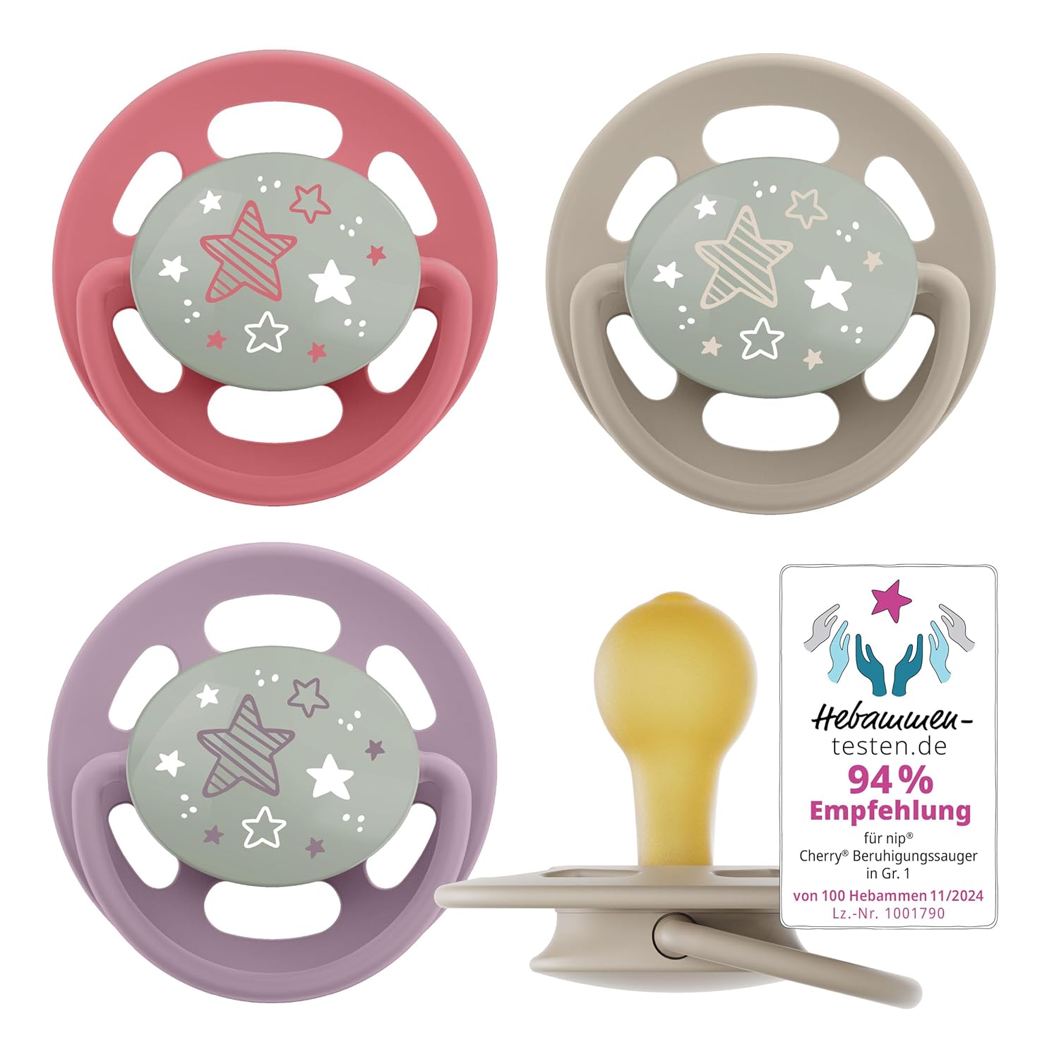 nip - Cherry Green Night | 0-6 Months | Pack of 4 | Cherry Shape | Nursing Friendly, Orthodontic Baby Dummy. Glows in the Dark. Sustainable Dummy Made from Natural Raw Materials, Purple/Red
