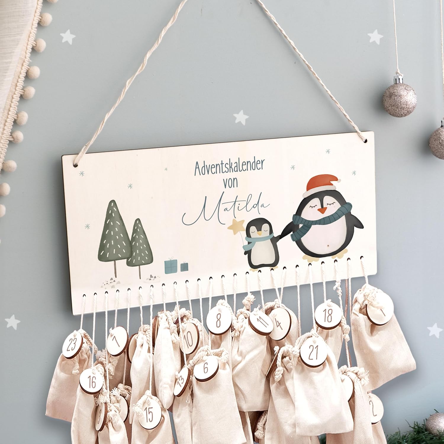 Advent Calendar Personalized for Children | Wooden Advent Calendar for Filling | Wall Mounted Christmas Calendar DIY with Name | Hellomini (penguin print)